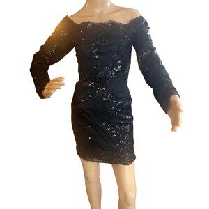 NWT Black Sequin Cocktail Party Holiday Formal Off Shoulder Elegant Party Dress
